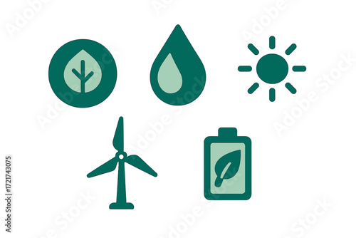 Sustainable energy and environmental conservation symbols featuring leaf, water, sun, wind turbine, and battery