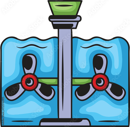 Cartoon illustration of a water turbine with two propellers in water