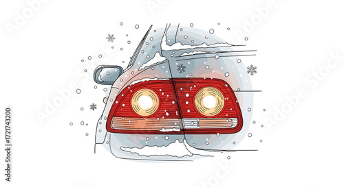 Car taillights glowing in snow in vintage illustration style