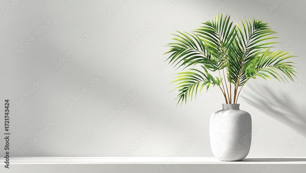 Obraz premium A minimalist scene features a white vase holding a lush green palm frond arrangement against a bright white wall, subtly lit by a single light source