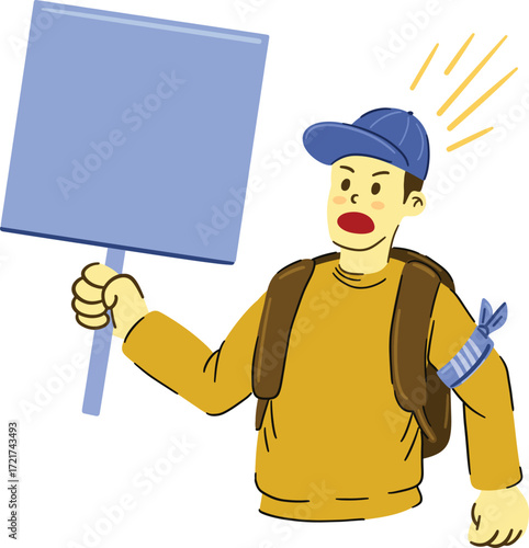 Cartoon person holding a blank sign and wearing a backpack
