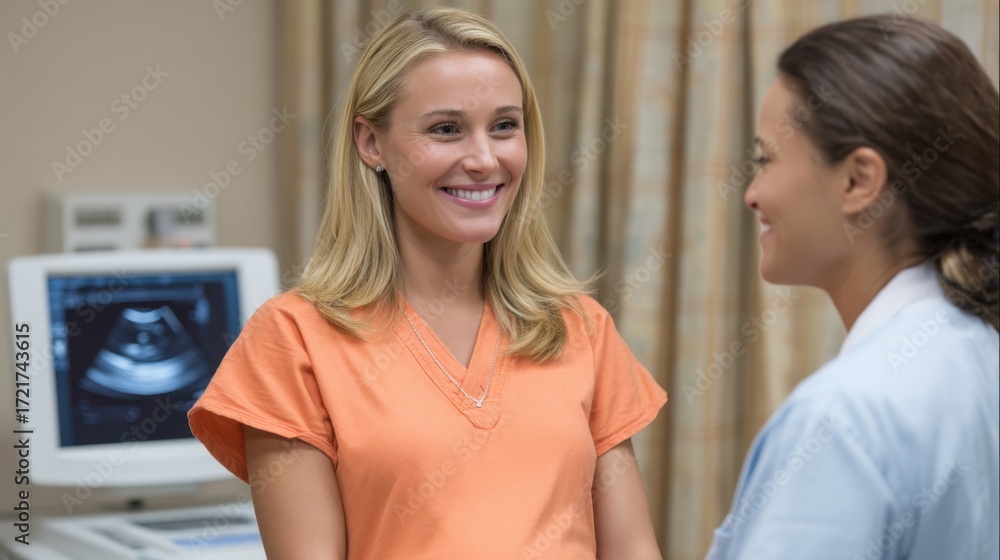Fototapeta premium Confident Pregnant Woman Smiling During Ultrasound Appointment with Healthcare Provider in Modern Medical Facility