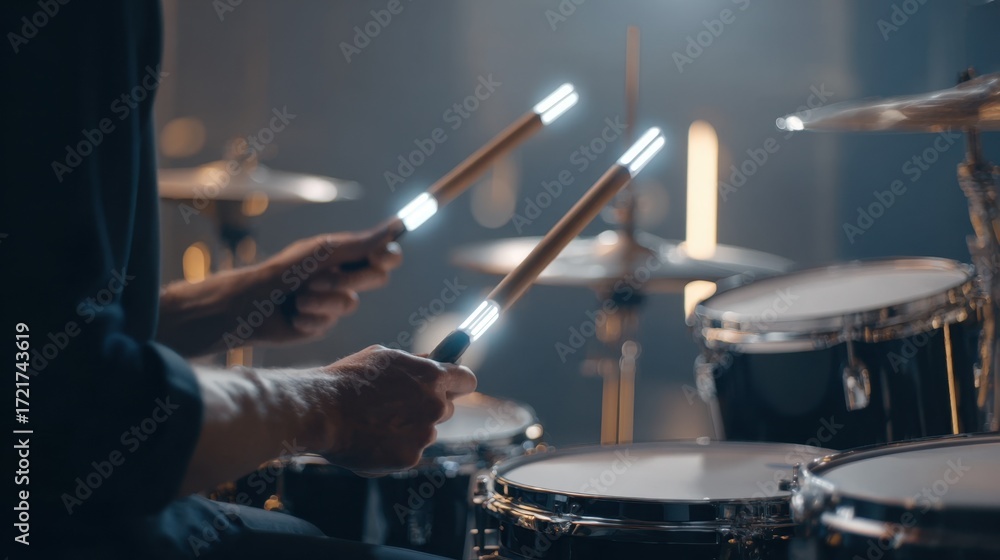 Naklejka premium Sensorenabled smart drumming kit captured in medium shot highlighting motion sensors on drumsticks with drummers hands blurred.