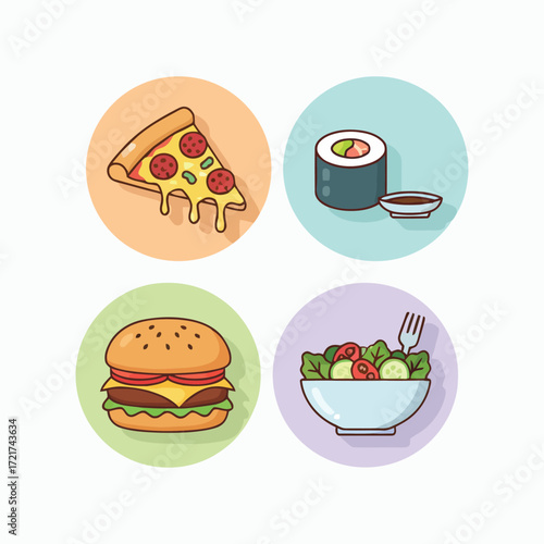 Assorted fast food items including pizza, sushi, burger, and salad arranged in colorful circles against white backdrop offer a delicious and diverse culinary selection.
