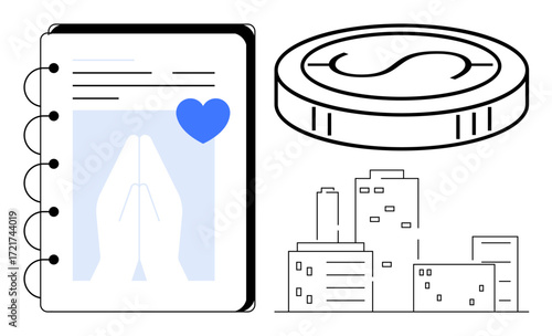 Notebook with prayer hands and heart, coin above urban buildings. Ideal for charity efforts, corporate giving, faith-based support, city development, donations, social impact gratitude. Simple flat