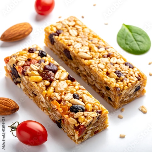 Two granola bars, surrounded by ingredients