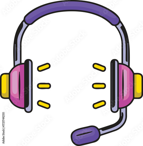 Cartoon headphones with a microphone and sound waves