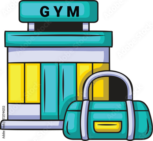 Cartoon gym building with a duffel bag