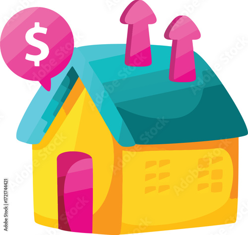 Cartoon house with a dollar sign speech bubble and arrowshaped chimneys