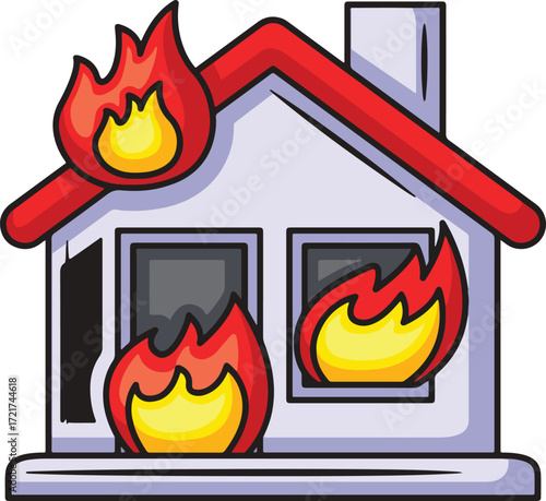 Cartoon house with flames on roof and windows