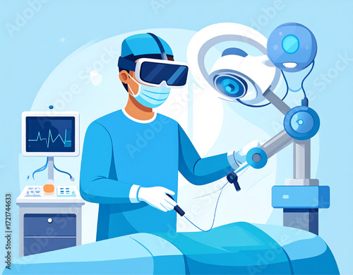Surgeon wearing VR headset performs robotic surgery with advanced technology in a modern operating room.