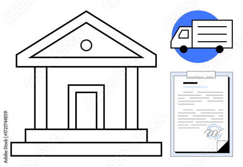 Government structure alongside signed contract and truck icon symbolize logistics, legal procedures, and compliance. Ideal for law, governance, finance, transportation, contract management, trade