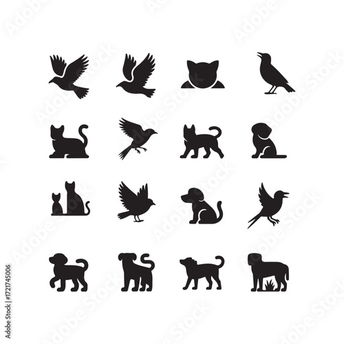 Vector set of bird and cat silhouettes in black, featuring flying birds, perched birds, and domestic cat poses, simple animal collection for wildlife, pet lover, and graphic design illustration