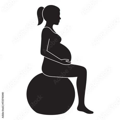 Pregnant woman wearing headphones and belly band, silhouette, conceptual image of prenatal music listening and maternal care