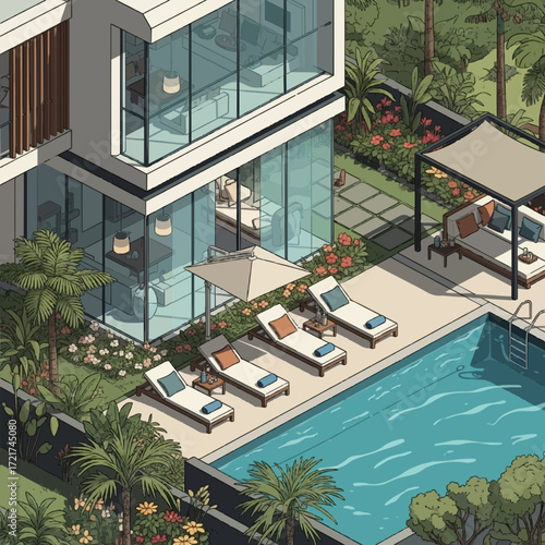 Architectural illustration of a luxurious modern villa with a poolside patio, lush garden, and elegant outdoor furniture