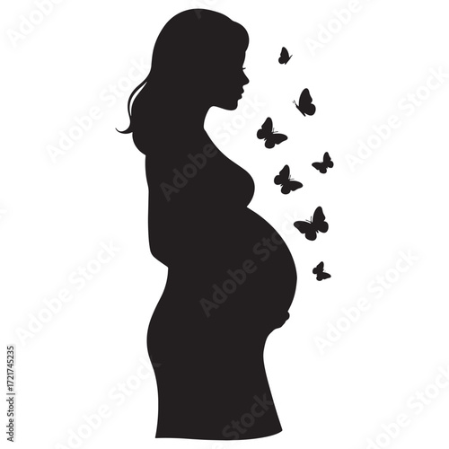 Silhouette of a pregnant woman with butterflies, symbolizing new life and hope