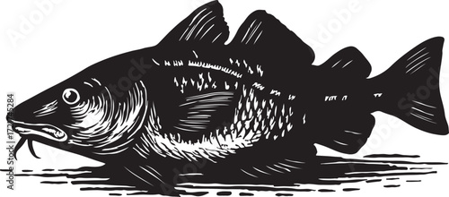 Stylized black and white woodcut illustration of a single darkly colored fish with prominent fins swimming in water