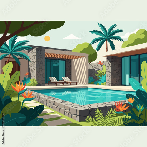 Luxurious modern home with a beautiful swimming pool and patio set in a lush tropical garden on a sunny day