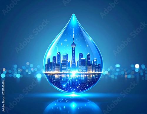 A stylized water drop encapsulates a city skyline, showcasing futuristic urban design.