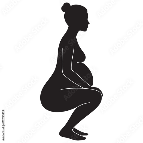 Silhouette of a pregnant woman squatting with her hands cradling her belly, symbolizing maternity and motherhood