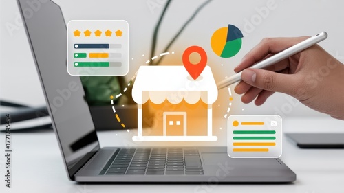 Online presence management concept showing local business listing, customer review, target marketing, and business analytics on laptop screen