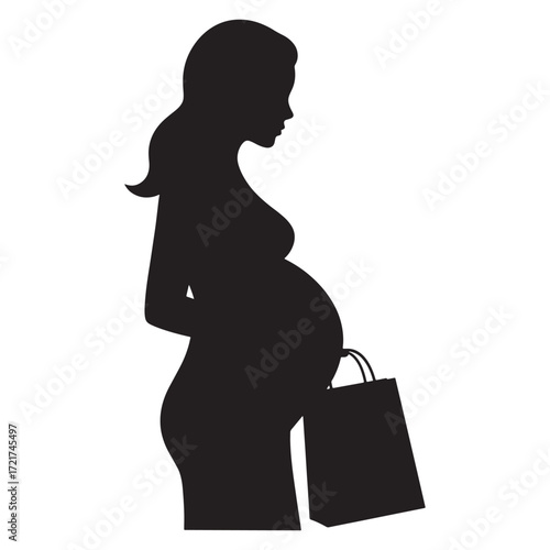 Silhouette of a pregnant woman holding a shopping bag, representing new beginnings and preparation for motherhood
