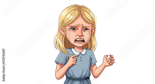 Sad Young Girl Crying Tears of Distress and Loneliness Isolated on Transparent Background
