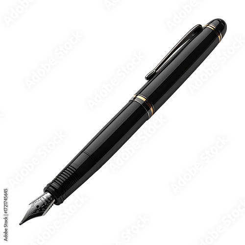 Sleek black fountain pen, angled view.  Gold trim accents nib