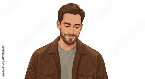 Man with closed eyes and peaceful smile showing serene emotion and contentment isolated on transparent background