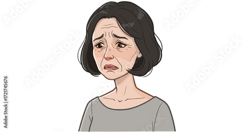 Distressed middle-aged woman expressing sadness and worry isolated on transparent background