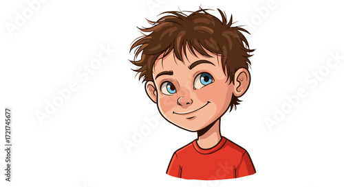 Joyful young boy with blue eyes and messy brown hair smiling shyly isolated on transparent background