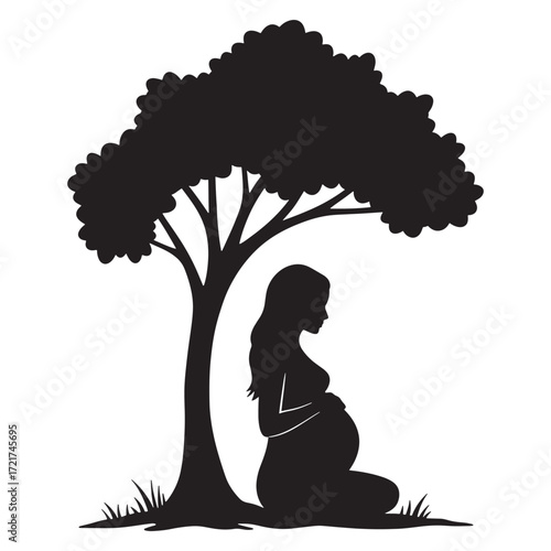 Silhouette of a pregnant woman sitting under a tree, symbolizing maternity and new life