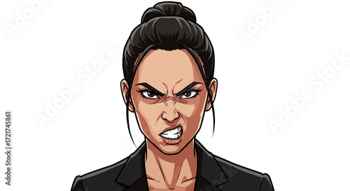 Furious Woman Grimacing Aggressively Showing Teeth Emotionally Angry Determined Expression Isolated on Transparent Background