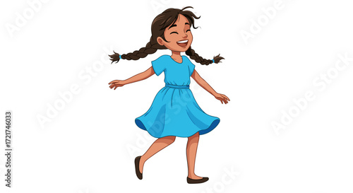 Joyful Young Girl Dancing in Blue Dress Expressing Happiness Isolated on Transparent Background