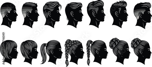 Black and white silhouette profiles of twelve diverse male and female hairstyles, showcasing modern hair fashion, beauty trends, and stylist inspiration