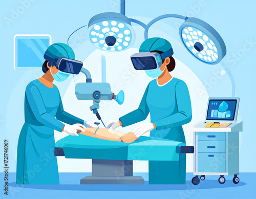 Two surgeons wearing VR headsets perform an operation in a modern operating room setting.