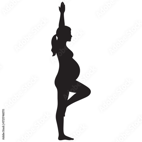 Silhouette of a pregnant woman performing a tree pose, symbolizing balance and well-being during pregnancy