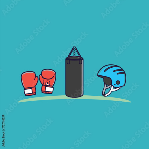 Boxing equipment sits ready in the gym, including gloves, punching bag, and helmet, creating a sense of anticipation and readiness.