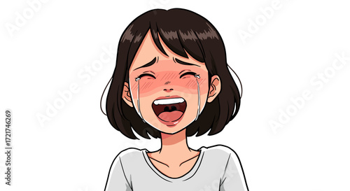 Young Woman Crying Heavily Showing Deep Sadness Emotional Distress Overwhelmed Face Isolated on Transparent Background
