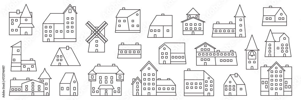 Fototapeta premium Outline set tiny cute house and small home in a Swedish village neighbourhood