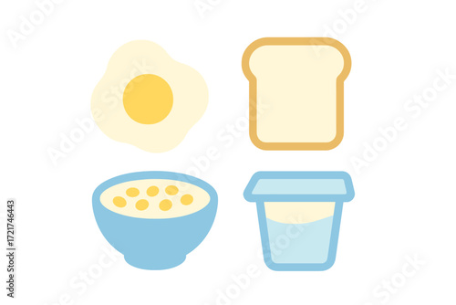 Assortment of popular breakfast food items featuring a fried egg, a slice of toast, a bowl of cereal, and a container of yogurt or milk