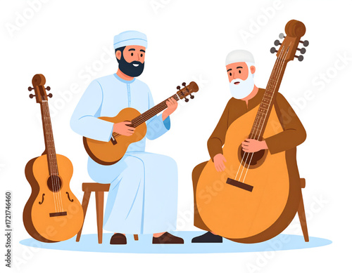 Two men in traditional clothing playing stringed instruments, one seated on a stool.