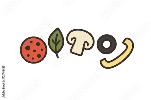 Colorful stylized pizza ingredients: pepperoni, fresh basil, mushroom, black olive, and cheese slice