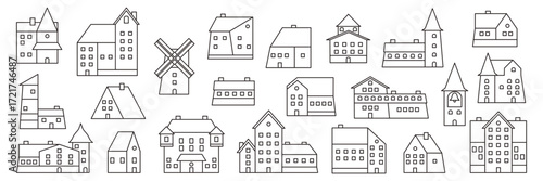 Outline set tiny cute house and small home in a Swedish village neighbourhood