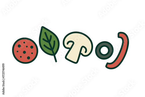Assortment of fresh pizza toppings and healthy food ingredients including pepperoni, mushroom, olive, spinach, and red pepper