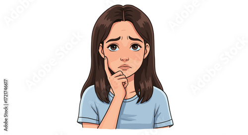 Young Woman Expressing Concern and Doubt Hand on Chin Isolated on Transparent Background
