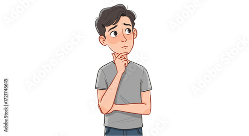 Young man with thoughtful expression contemplating a difficult decision isolated on transparent background