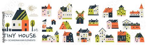 Tiny doodle houses and trees with small homes under clouds in a Swedish village.
