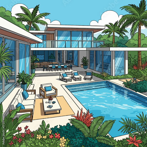 Luxurious modern home with a beautiful backyard pool and patio, surrounded by lush tropical plants and palm trees illustration