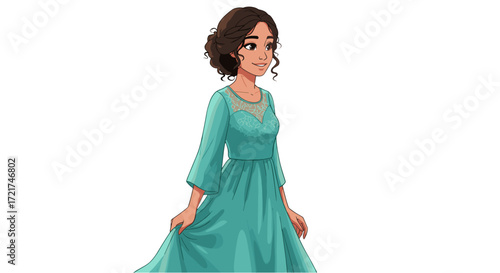 Young Woman Elegant Teal Gown Smiling Joyfully Feeling Beautiful Elegant Fashion Isolated Transparent Background